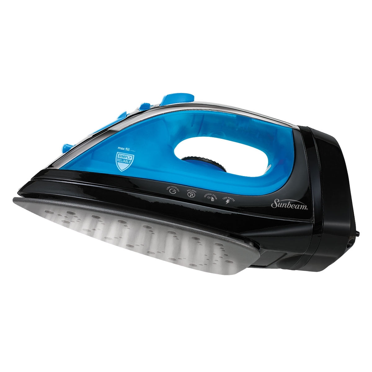 Sunbeam Steammaster Steam Iron, 1400 Watt, Large Anti-Drip Stainless Steel Nonstick Soleplate with 8' Retractable Cord, Horizontal or Vertical Shot of Steam and 3-Way Auto Shut-Off, Black/Blue