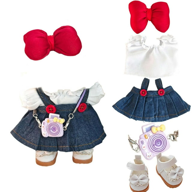Doll Clothes (doll Not Included) Including Lace White Shirt + Red Button Denim Overalls Skirt + Red Bow + Purple Camera + White Shoes (five Piece Set) Dolls Villa Doll Cyclic Amp Integrity Dolls
