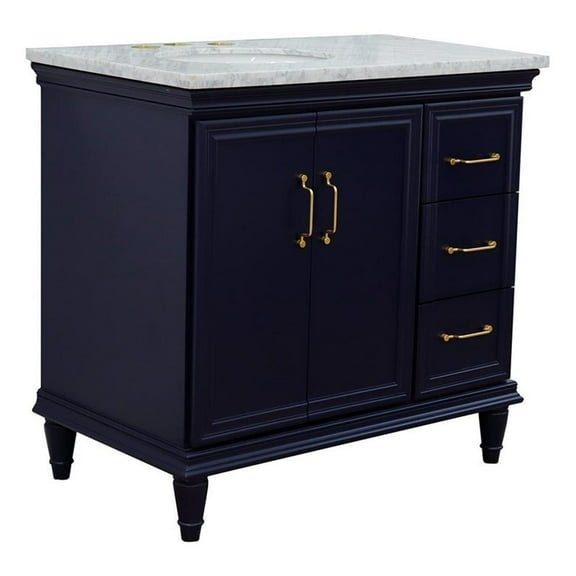 37 in. Single Wooden Vanity  Blue White Carrara Oval Left Door.Left Sink