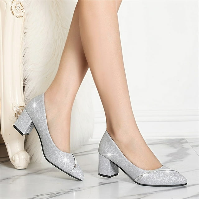 Bmisegm Summer Mouth Frosted Fashion Pointed Thick Women's High Heels Casual Women's Toe Shallow Heel Women's Sandals Summer Silver 6.5