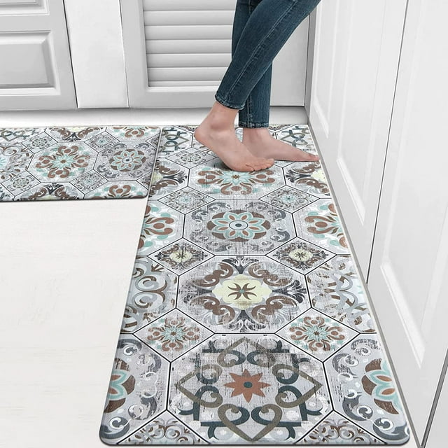MeyJey Kitchen Rug Set of 2, Anti Fatigue Kitchen Mat 2 Pieces, Non Skid Waterproof Cushioned Boho Floor Mat and Runner Rug, 17"x28"+17"x48", Brown/Gray