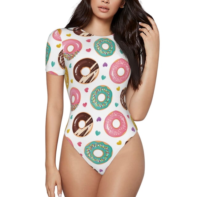 Balery Colorful Donuts Body de cuello redondo de manga corta para mujer Tops de manga corta Tops básicos-X-Large