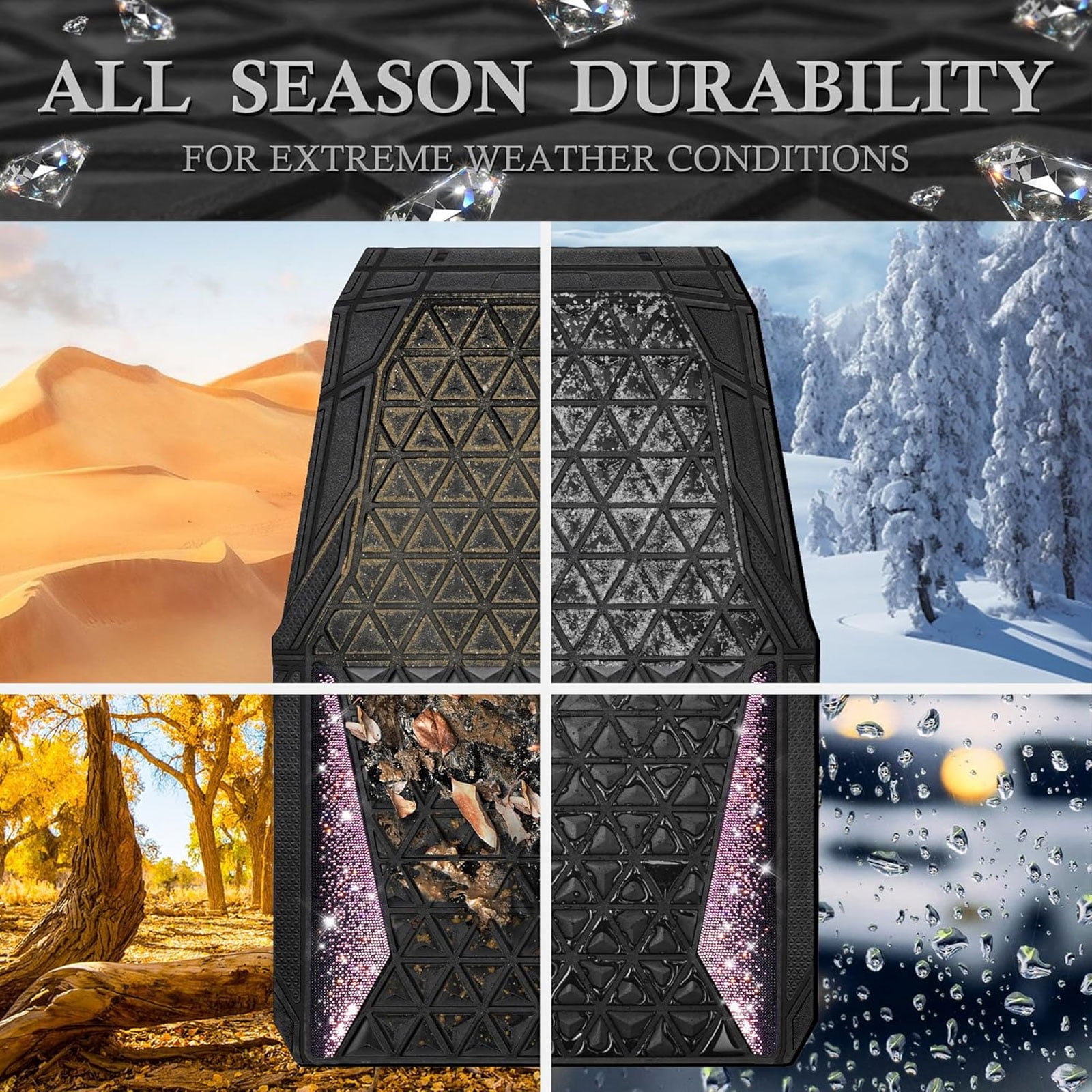 CAR GRAND Bling diamond rubble automotive floor mats full set anti-slip water proof universal fit glitter crystal sparkly shining rhinestone girl woman lady femal Black Pink