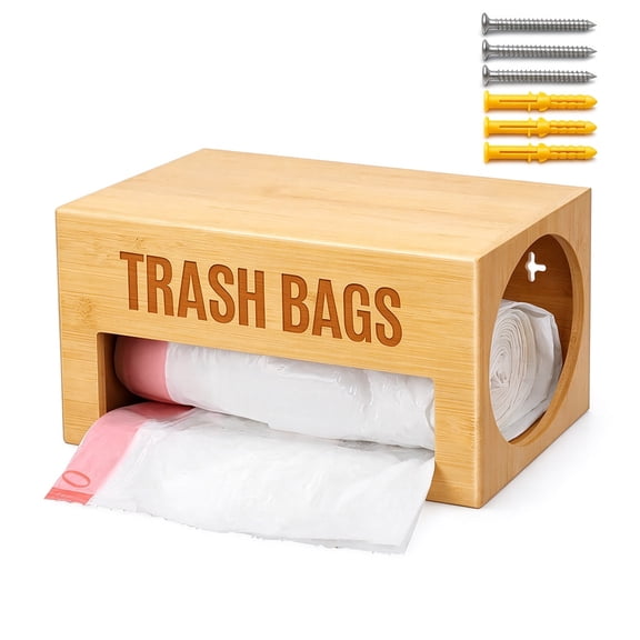 Natural Bamboo Trash Bag Dispenser, Multi Mount Garbage Roll Storage Organizer for Under Sink, Kitchen & Laundry Room Use