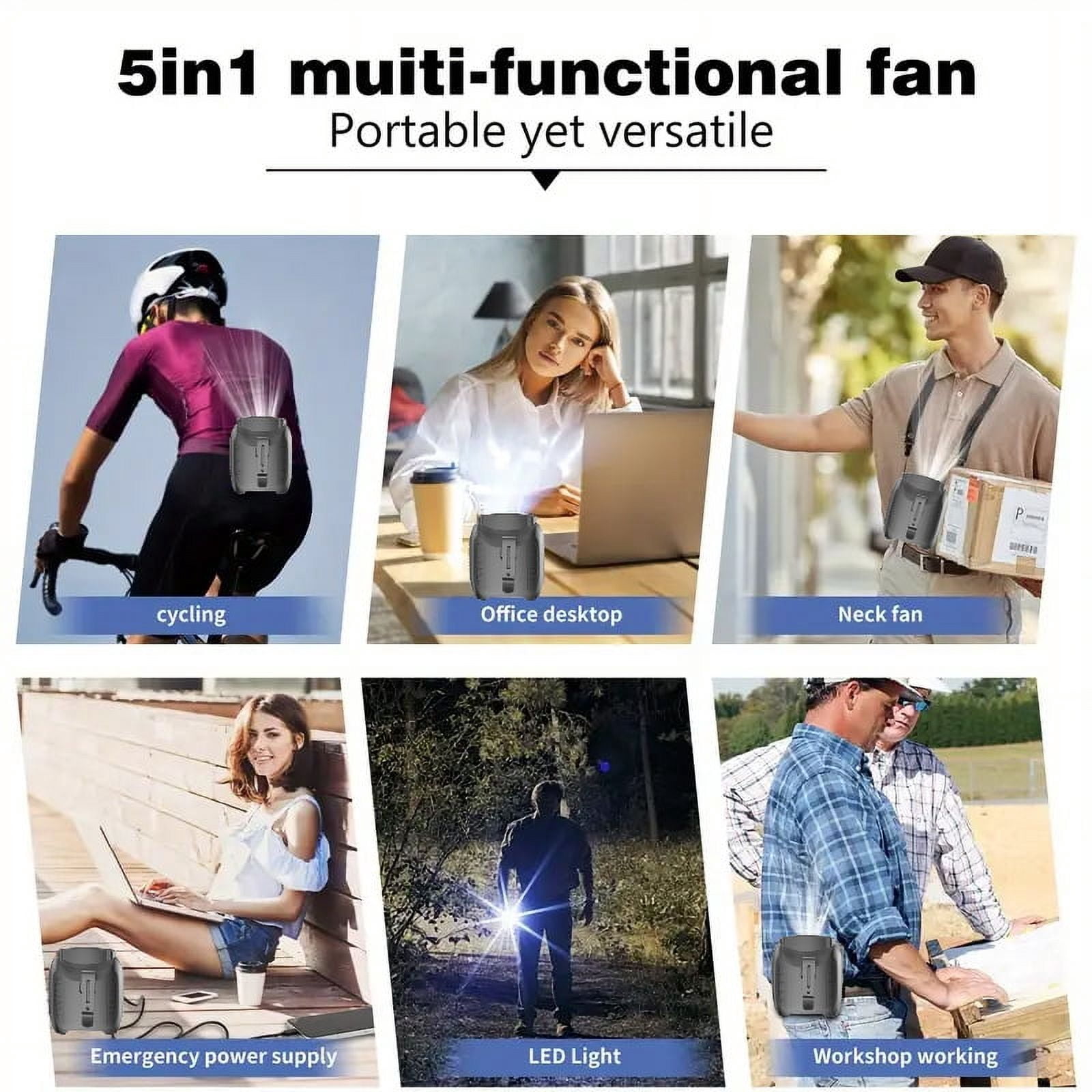 Portable Waist Fan with LED Light, 5 Speeds, and Rechargeable 1000mAh Battery – Stay Cool and Prepared Anywhere!