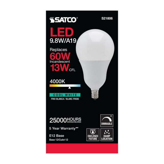 SATCO S21806 9.8W 120V A19 LED Bulb E12 Candelabra Base 4000K 800L Dimmable (6 Pack)