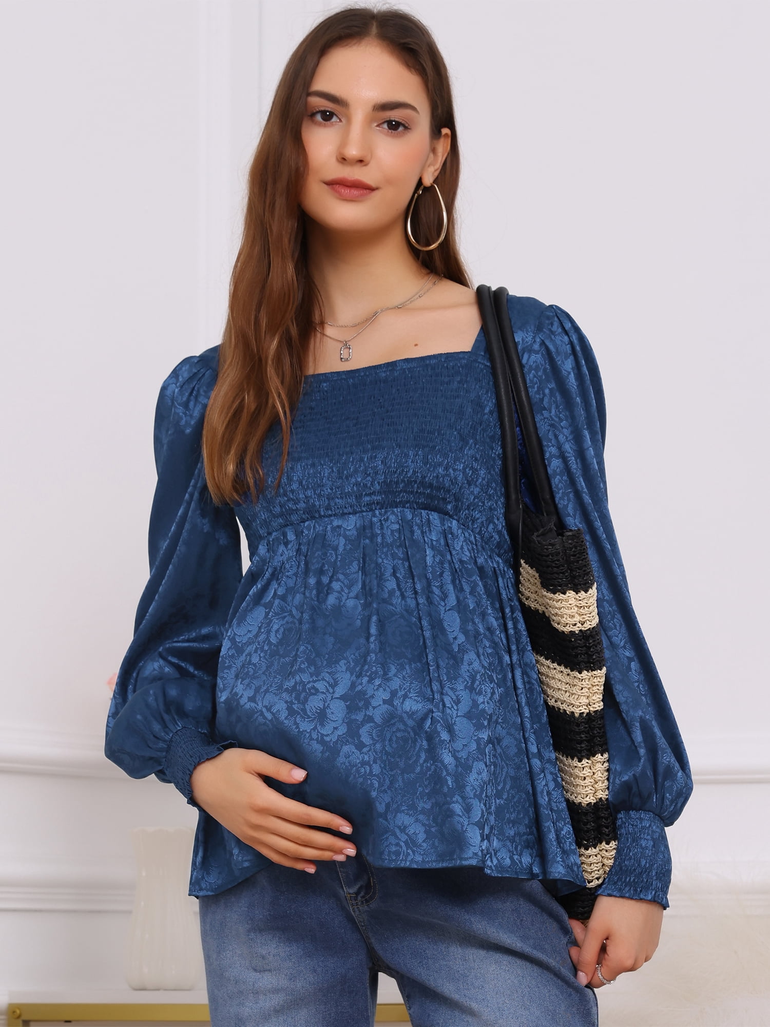 DARING DIVA Women's Maternity Jacquard Square Neck Lantern Sleeve Blouses XL Blue