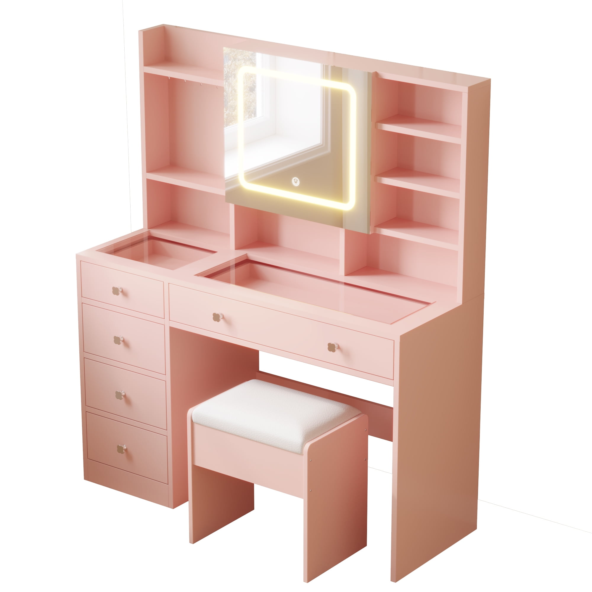 Ktaxon Large 47.2" Makeup Vanity with 3 Color Lights, Dressing Table with USB Charging Station, Light Pink