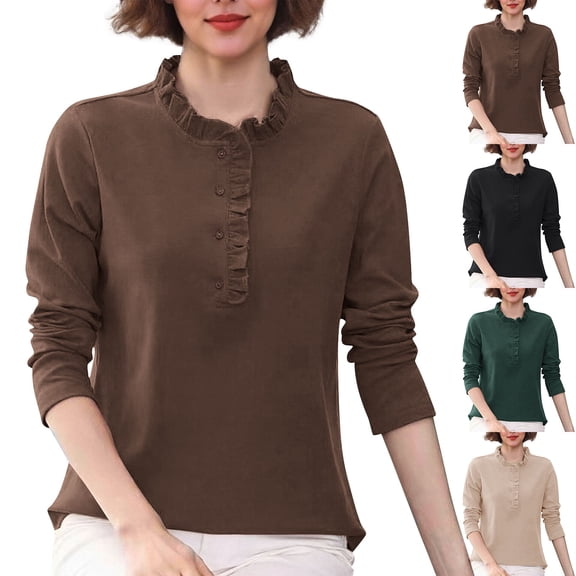 ShiShine Women's Dressy Casual Puff Long Sleeve Blouse Frill Mock Neck Smocked Cuffs Pullover Layer Shirts