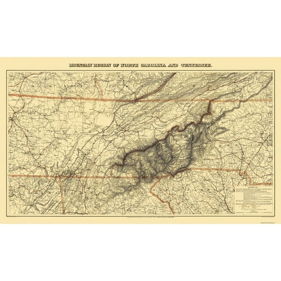 Historic State Map - Tennessee Great Smoky Mountain Region - 1864 - 38.63 x 23 - Vintage Wall Art