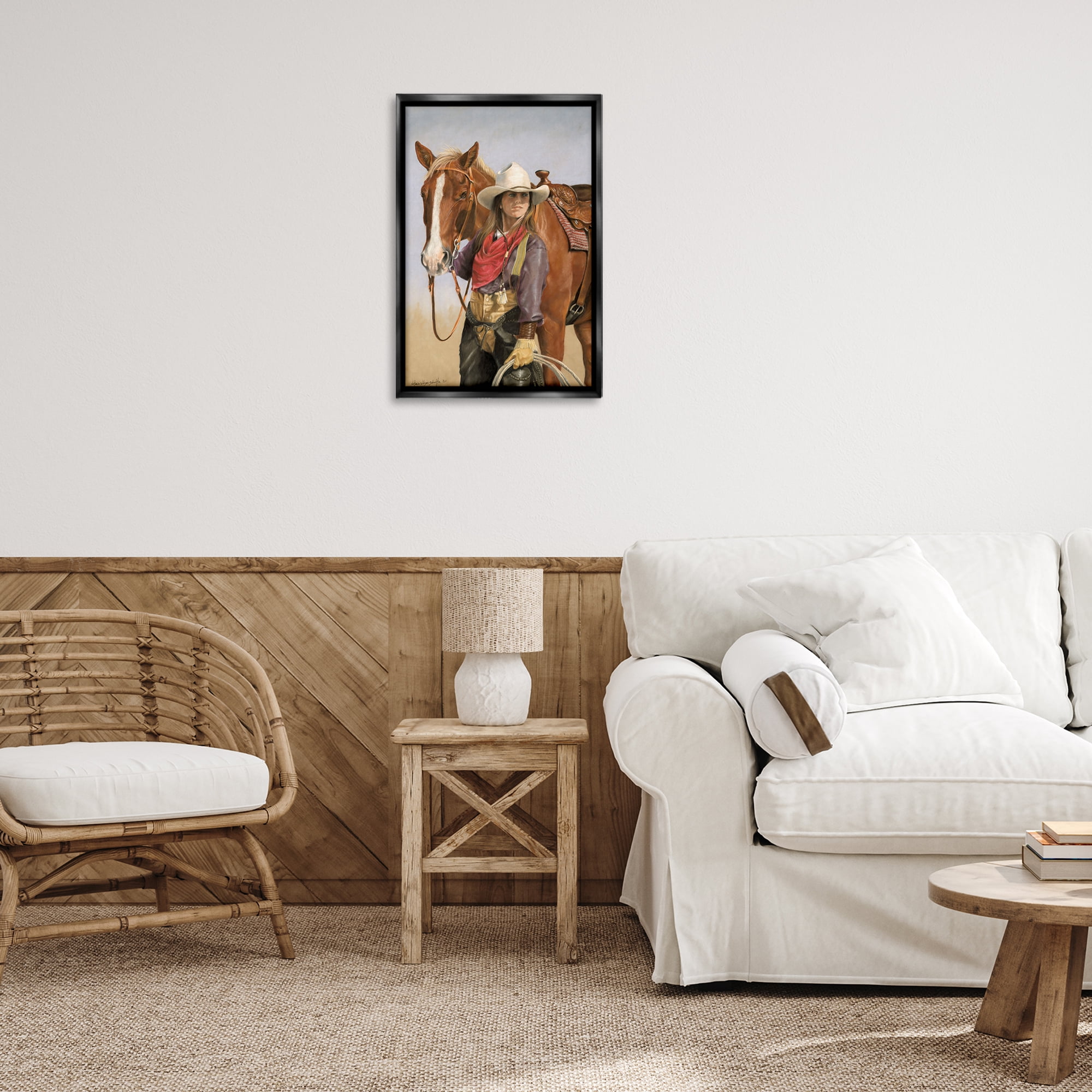 Stupell Industries Powerful Female Cowgirl Animals & Insects Painting Black Floater Framed Canvas Art Print Wall Art, 17 x 25