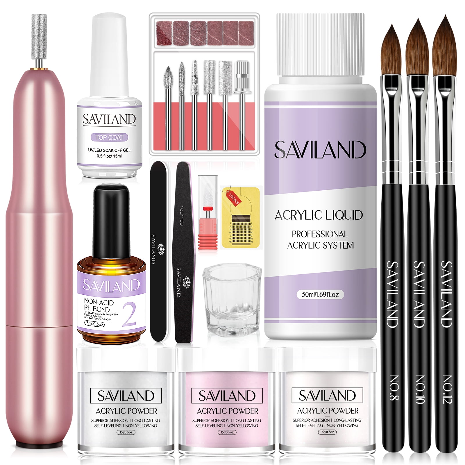 Saviland Acrylic Nail Kit Complete Set with Drill - White/Pink/Clear ...