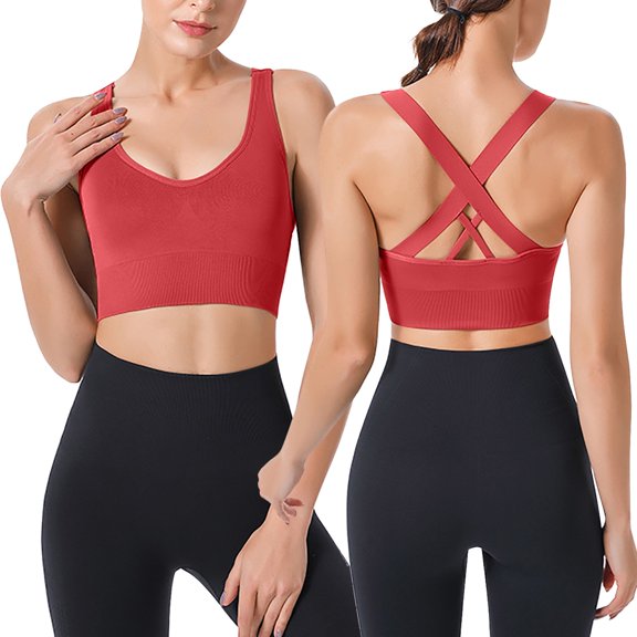 Gymayou Women Padded Strappy Sports Bra Crisscross Back Support Workout Crop Top Wireless Seamless Yoga Bralette Red L