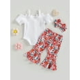 thumbnail image 4 of Bagilaanoe 3pcs Toddler Baby Girl Long Pants Set Short Sleeve Romper Tops + Flower Print Flare Trousers + Headband 6M 12M 18M 24M 3T Kids Casual Outfits, 4 of 9