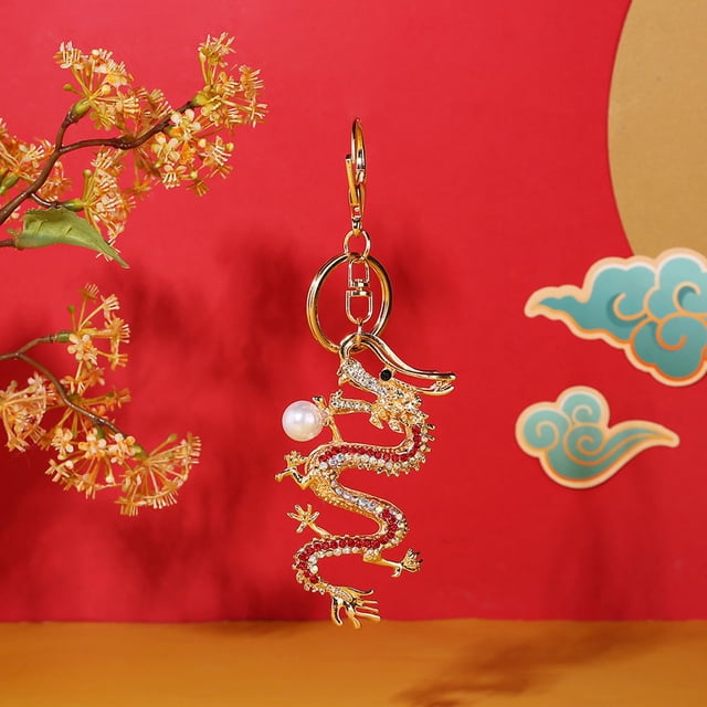 WIFKLSIIPG Exquisite Chinese Dragon Keychain High Grade Metal with Glistening Pearls and High End