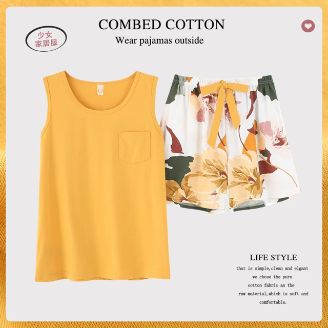 Conjunto de pijama de algodón para mujer, ropa de dormir de dos piezas, pantalones cortos estampados, top de color sólido, coreano, kawaii, para el hogar