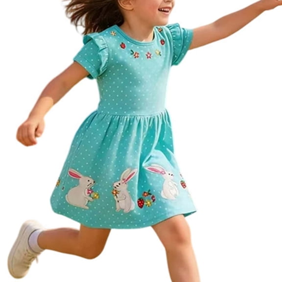Girls School Uniform Lightweight Ruffle Short Sleeve Crew Neck Cartoon Print Dress Back-To-School Girls' Dresses 2 Years