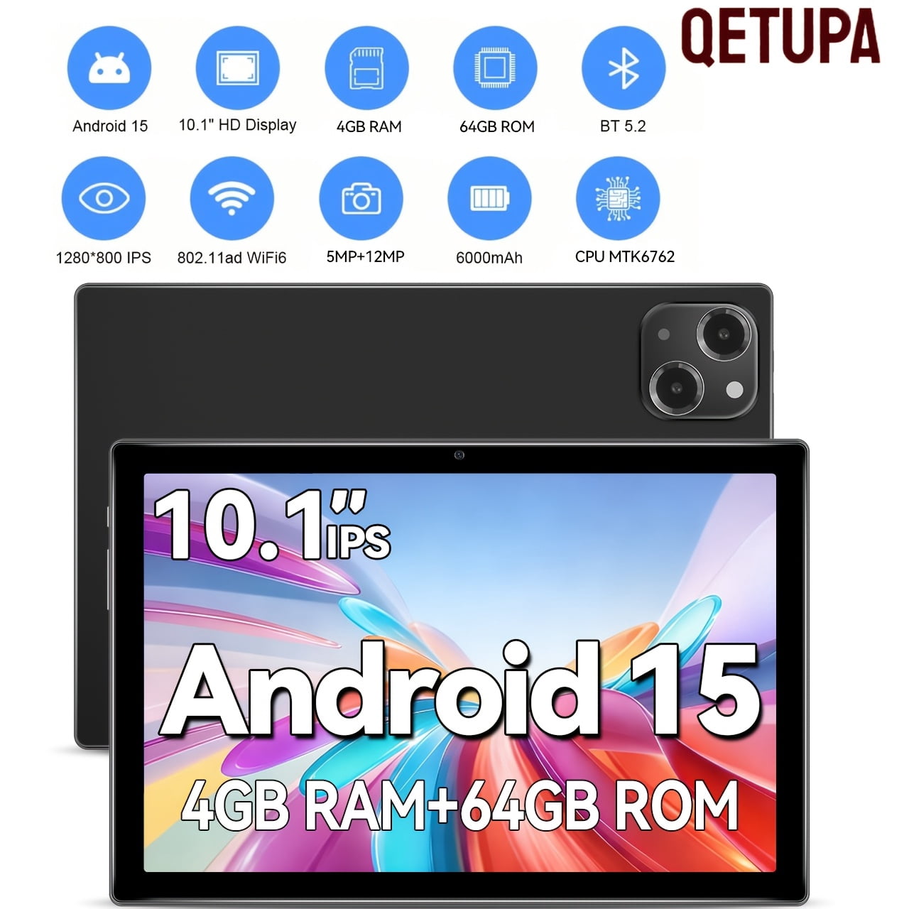 10.1-inch Tablet, Android 15 Operating System; 1280脳800 IPS HD Touchscreen Display, 8-core Processor, 4GB RAM, 64GB ROM, 5MP + 13MP Camera, 6000mAh Battery, Wi-Fi 5, Gray