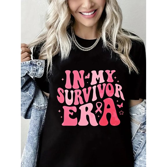 Breast Cancer Tshirt In My Survivor Era Print Short Sleeve Shirt for Women