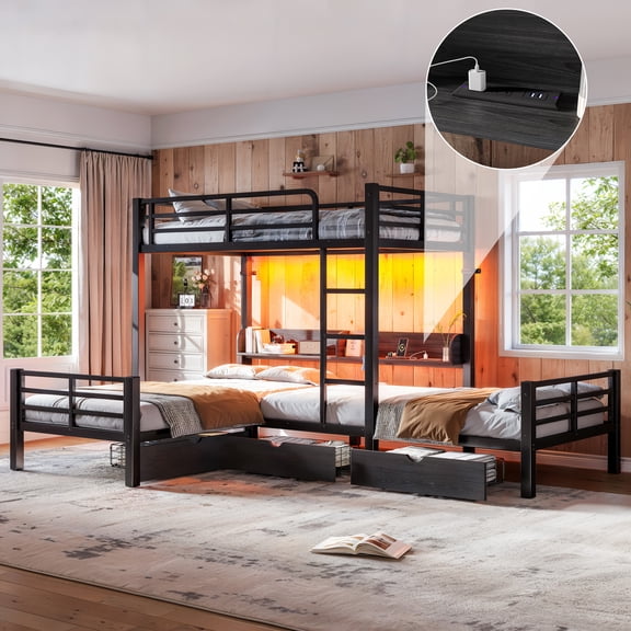 Mintazer L-Shaped Triple Twin Metal Loft Bunk Bed with LED Lights & Charging Station, 3-Sleeper Corner Bed Frame with Storage Shelves & 3 Drawers for Kids Teens Dorm Bedroom, Black