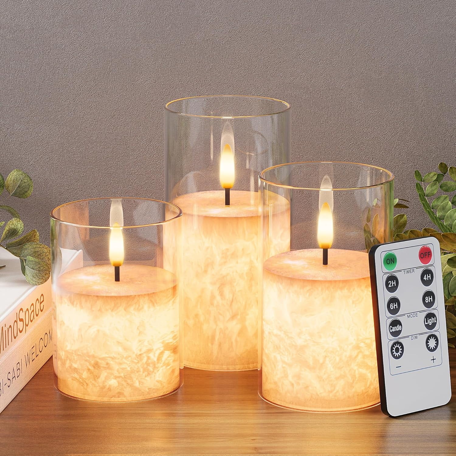 Ice Crystal Real Wax Glass Flameless Candles with Remote & Timer, Battery Operated Candles with Warm Flickering Flame, Realistic LED Candle for Wedding Home Decor [D3×H4/5"/6"] Gold, 3Pack