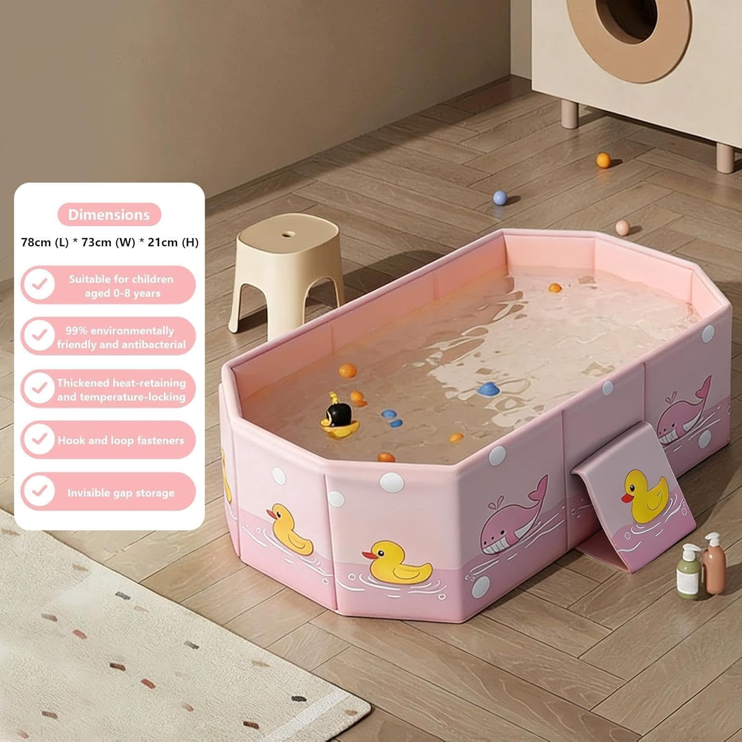 Foldable Bathtub for Kids, Duck Anti-Tipping Bathing Tub, Soaking Shower Tub for Boys Girls Home Daycare Travel Hotel Bathroom