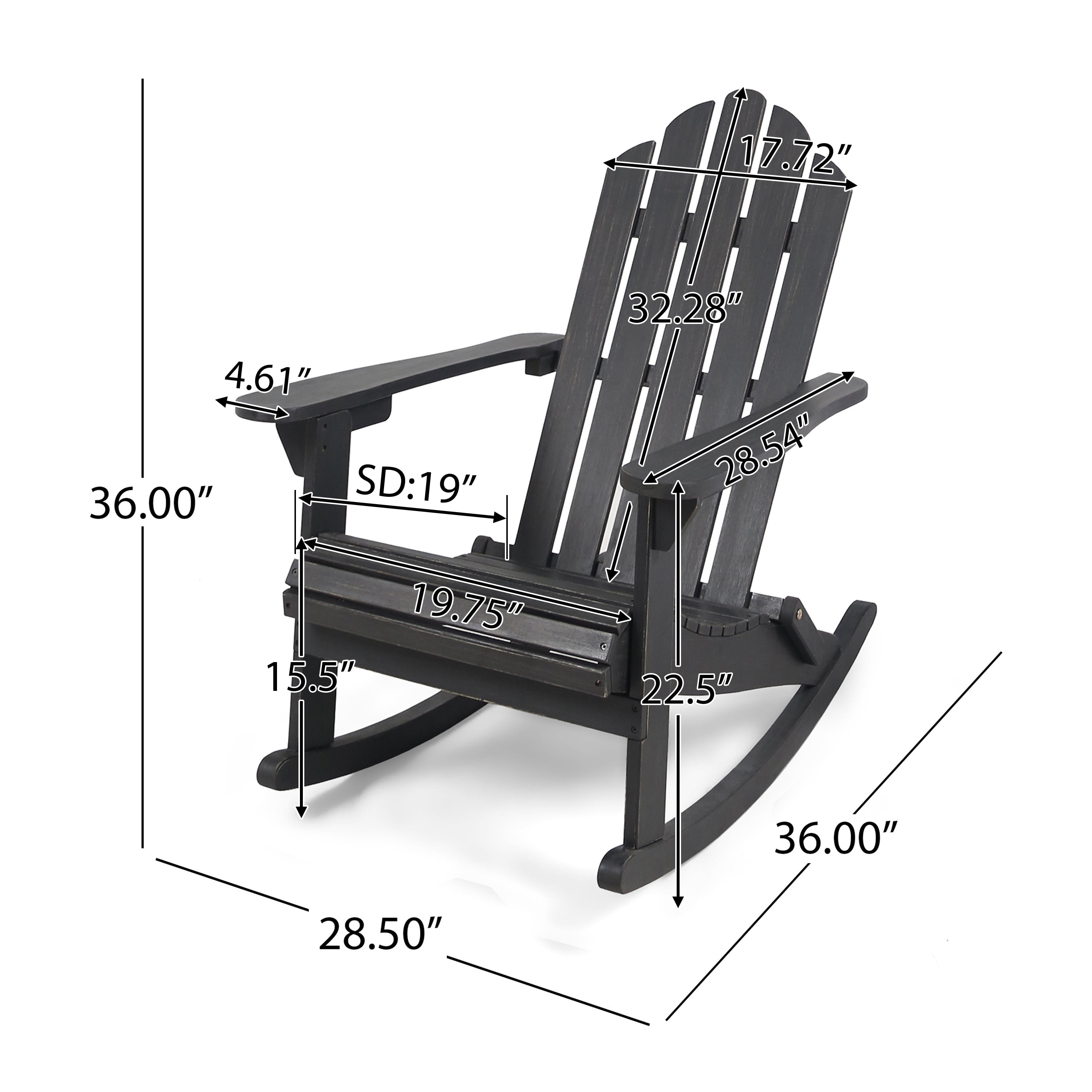 Outdoor Adirondack Rocking Chair, Solid Acacia Wood Swing Rest Seat for Patio Garden, Dark Gray