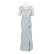 Adrianna Papell Boat Neck 3-4 Sleeve Pleated Slit Zipper Back Embroidered Bodice Mesh Dress-SILVER MULTI / 8