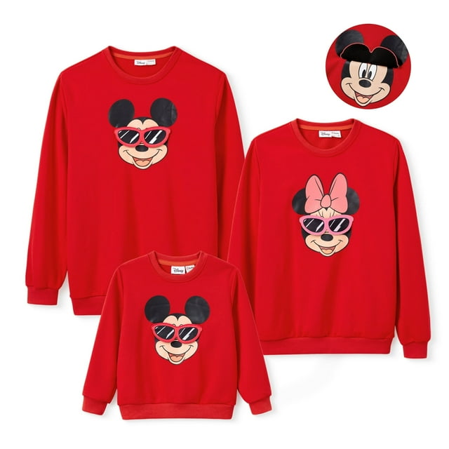 Disney Mickey Mouse Chandails Molletonnés pour Hommes Ensembles Assortis pour la Famille Appliqué de Lunettes 3D Chandails à Col Rond