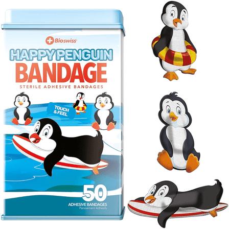 BioSwiss Bandages, Penguin Shaped Self Adhesive Bandage, Latex Free Sterile Wound Care, Fun First Aid Kit Supplies for Kids and Adults, 50 Count
