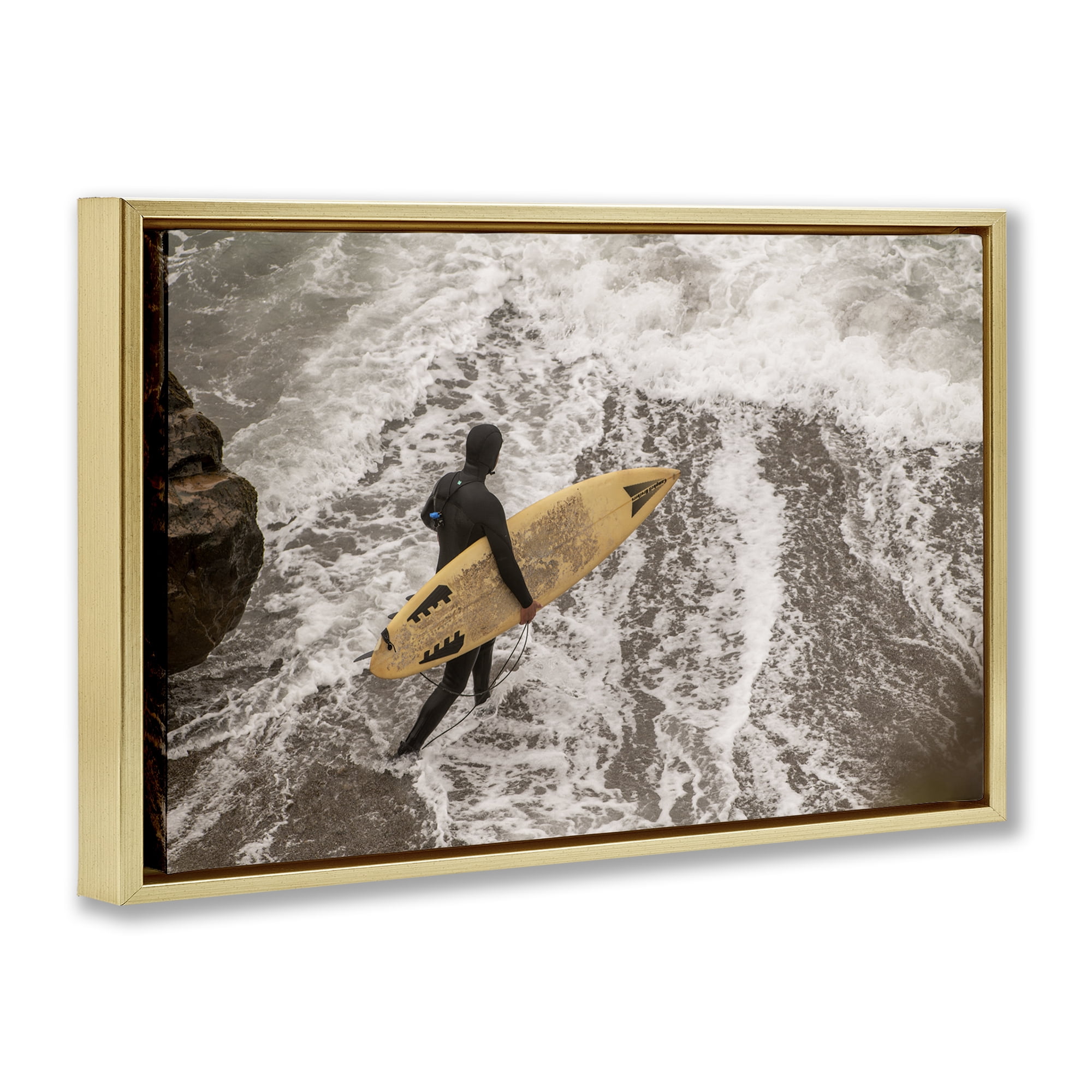 Stupell Industries Surfer Strolling Shore People Photography Gold Floater Framed Canvas Art Print Wall Art, 31 x 21