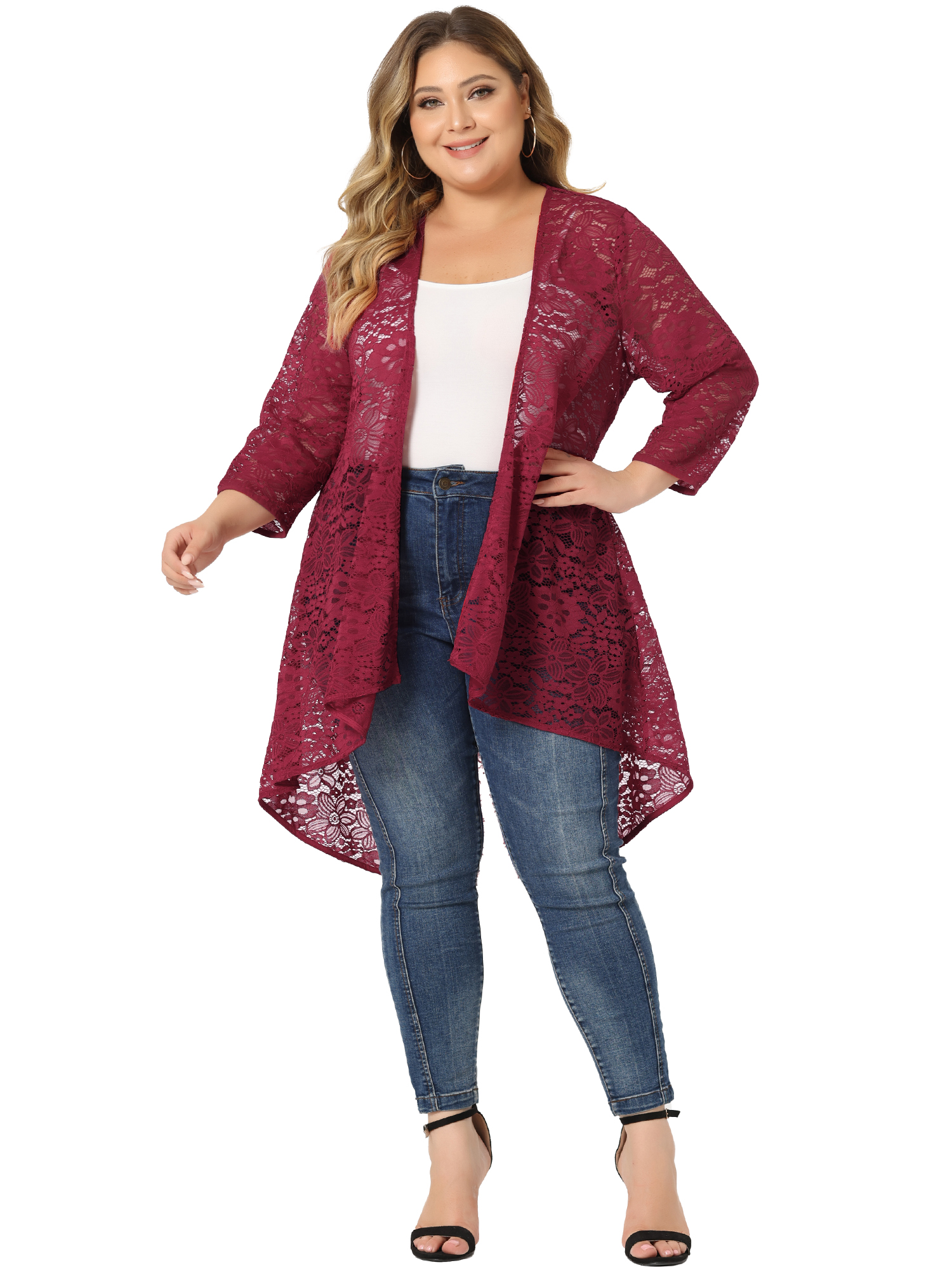DARING DIVA Plus Size Lace Crochet Sheer Kimono Cover Up Cardigan 2X Burgundy