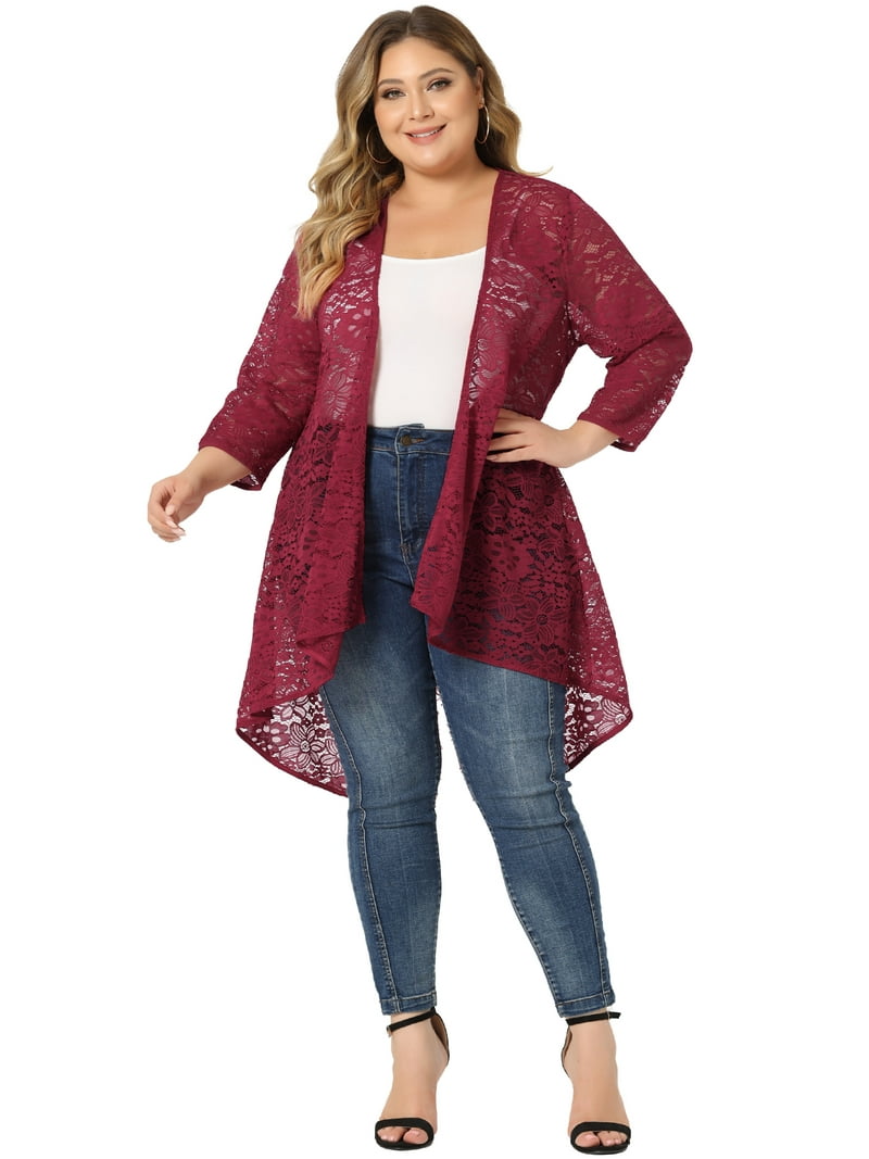 Unique Bargains Plus Size Burgundy Lace Crochet Open Front Sheer