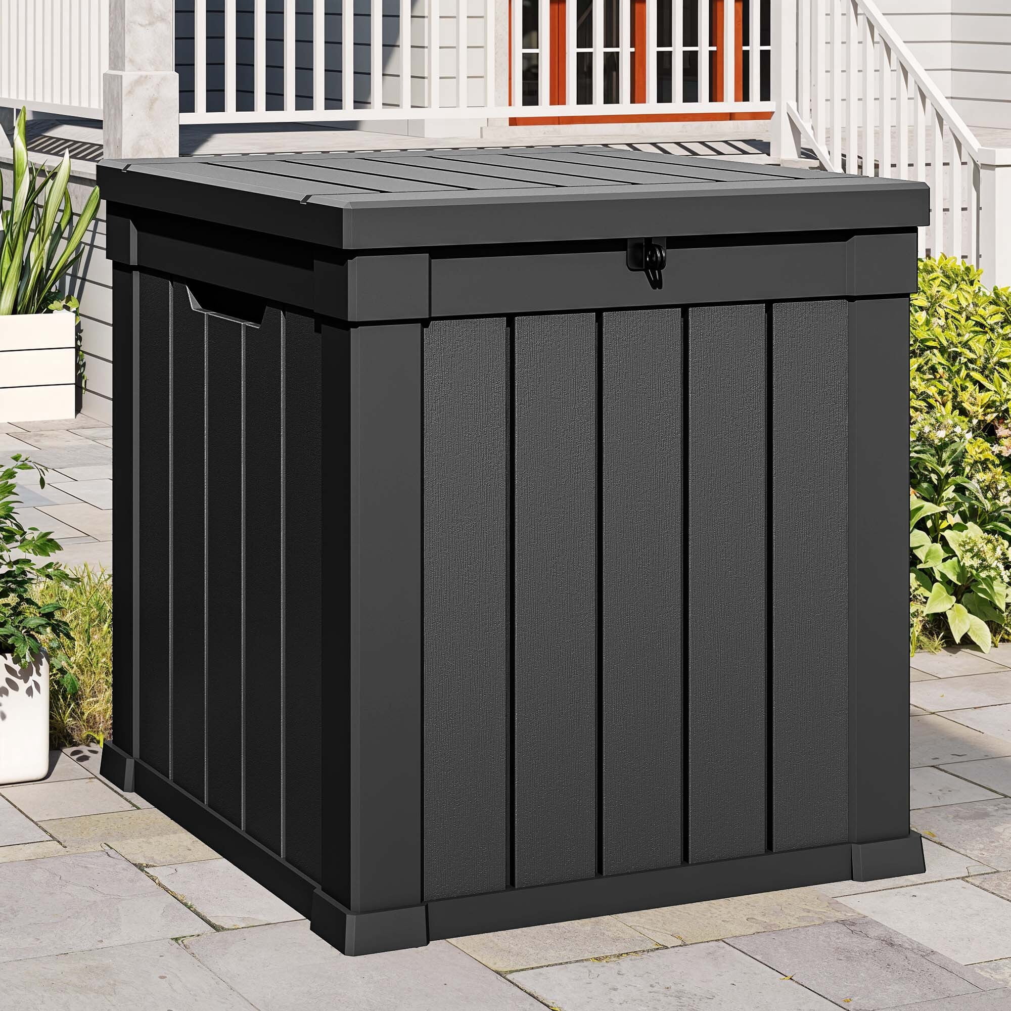 Uforic 51 Gallon Resin Outdoor Deck Box, Waterproof Lockable Storage Box with Side Handles for Patio Garden Pool, Black