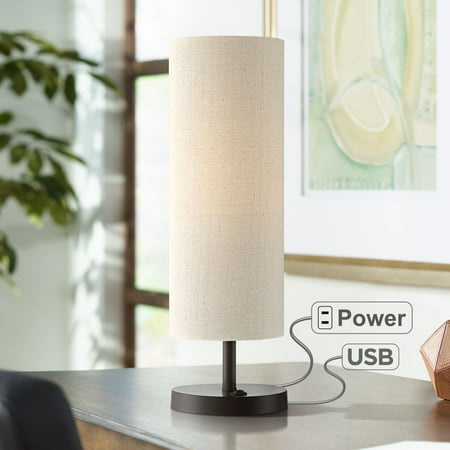 Acrylic Modern Table Lamp - 360 Lighting Modern Accent Table Lamp with USB and AC Power Outlet in Base Dark Bronze Oatmeal Cylinder Shade for Bedroom Office