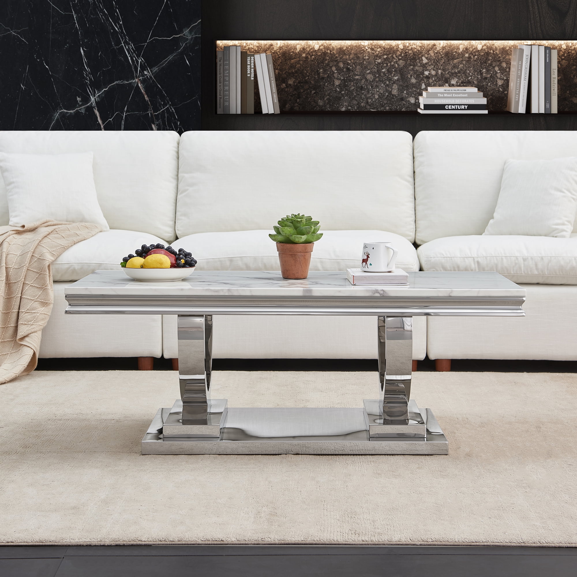 46.85" Marble Coffee Table, Rectangular Faux Marble Top with Silver Mirrored Stainless Steel Double O-Base, for Living Room, Hallway, Lounge Area