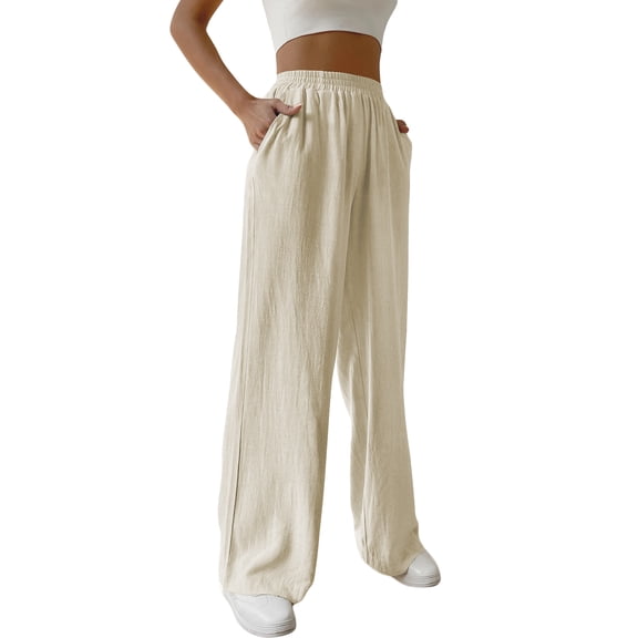 SWQZVT Womens Wide Leg Linen Pants With Pockets High Waist Loose Trousers Business Work Casual Slacks Palazzo Lightweight Pants