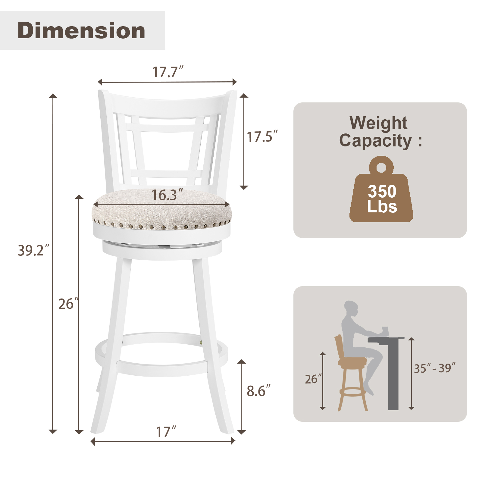 26 Inch Swivel Bar Stools Set of 2 Rotated Counter Height Barstool with High Back Fabric Upholstered Kitchen Island Stools Chair for Home Bar, Black