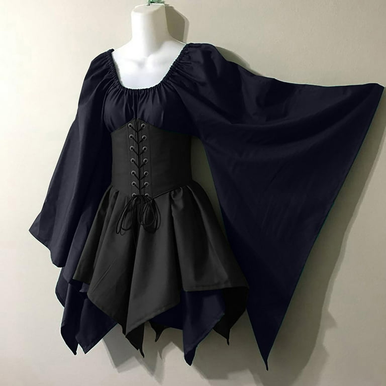 QLEICOM Women Medieval Renaissance Costume Dress Vintage Cosplay Victorian Gothic Corset Dress Gothic Vintage Court Banquet Dress Bell Sleeves Mini