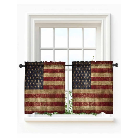 Vintage American Flag Tier Curtains 36 Inch Length,Sheer Curtains for Bedroom Living Room Window Farmhouse Shabby Retro Red Blue Small Half Window Kitchen Curtains & Drapes 27.5"x36" 2 Panels