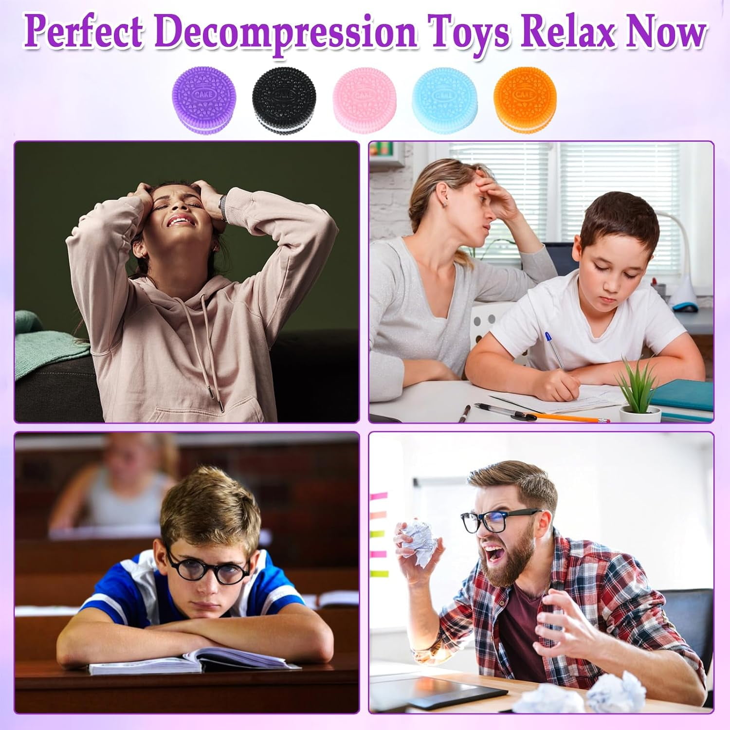 4-Pack Oreo Shaped Slow Rising Squishy Toys, Stress Relief Squeeze Fidget Toys , 4 Colors
