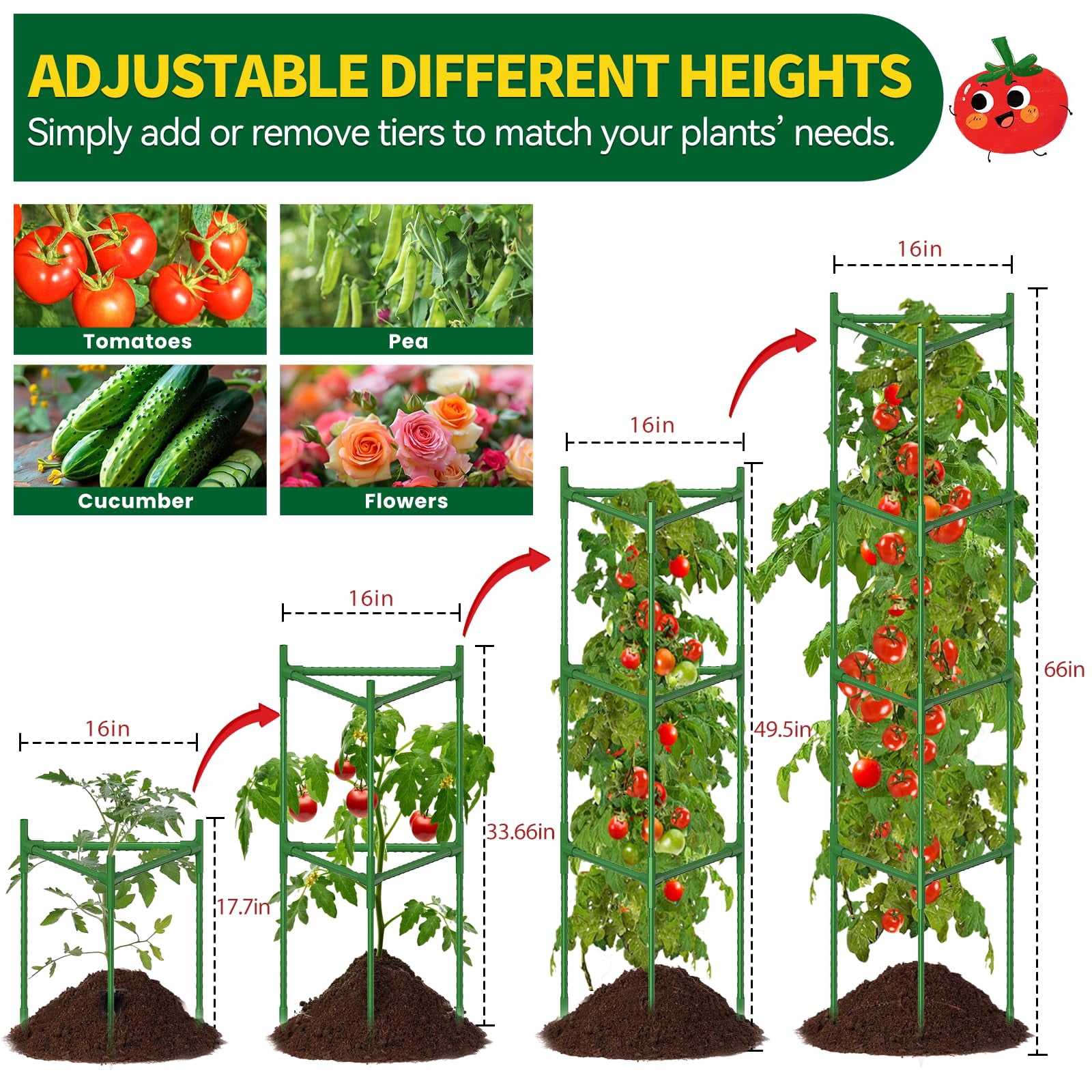4 Pack Large Tomato Cage For Garden Up To 49" H X 16" W Metal Plant Support Stakes With Clips Triangle Pea Cages Cucumber Trellis Vegetables Pots Vines Flowers Climbing Plants