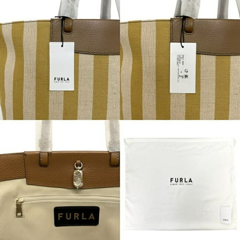 Authenticated used Furla Tote Bag Beige Yellow Brown Wb00510 Bx0635 Canvas Leather Furla Striped Laundry Ladies, Adult Unisex, Size: (HxWxD): 30cm x