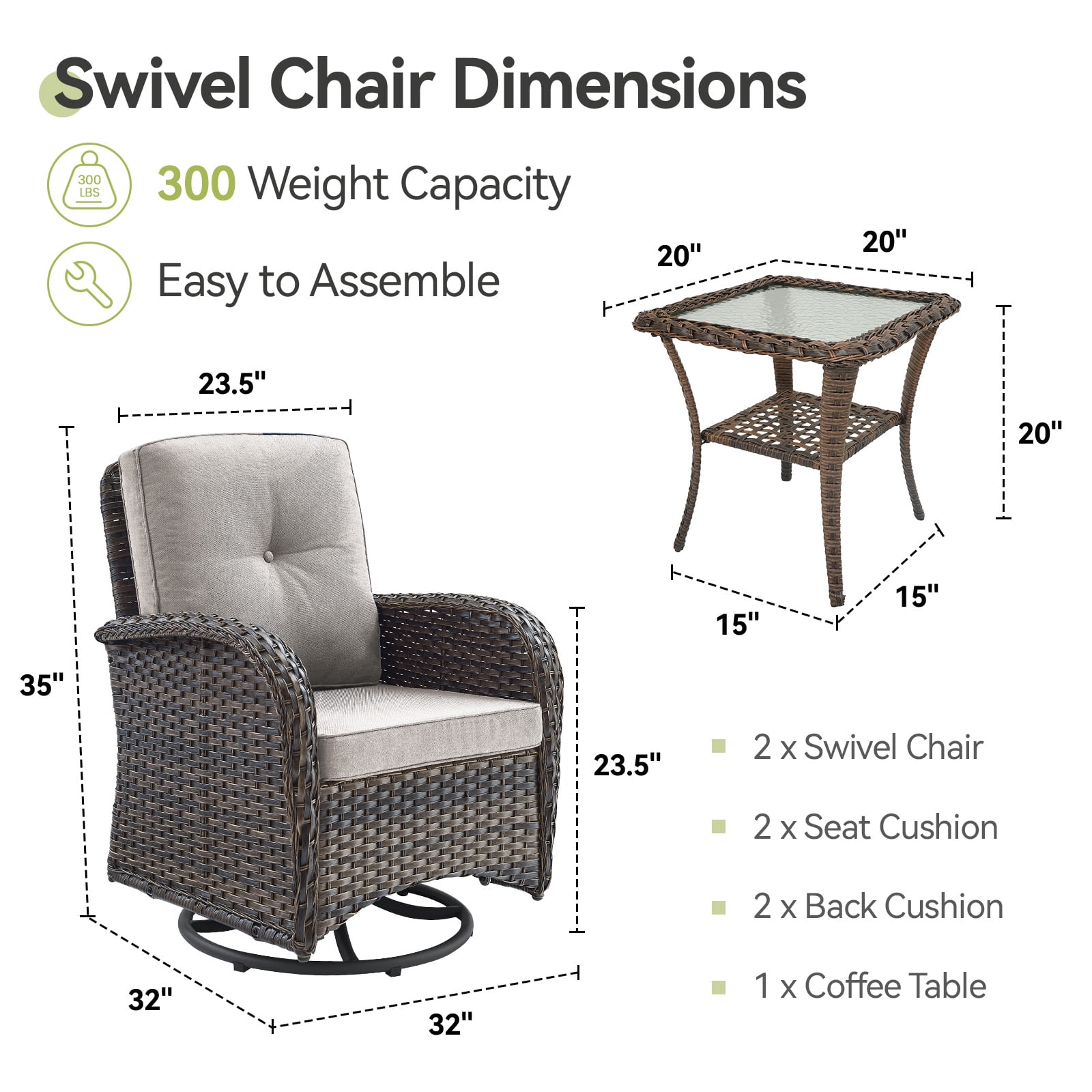 Planntonneo 3 Piece Wicker Patio Furniture Sets, Outdoor Swivel Rocking Chairs Set of 2 with Rattan Side Table for Deck Porch Pool, Brown/Beige
