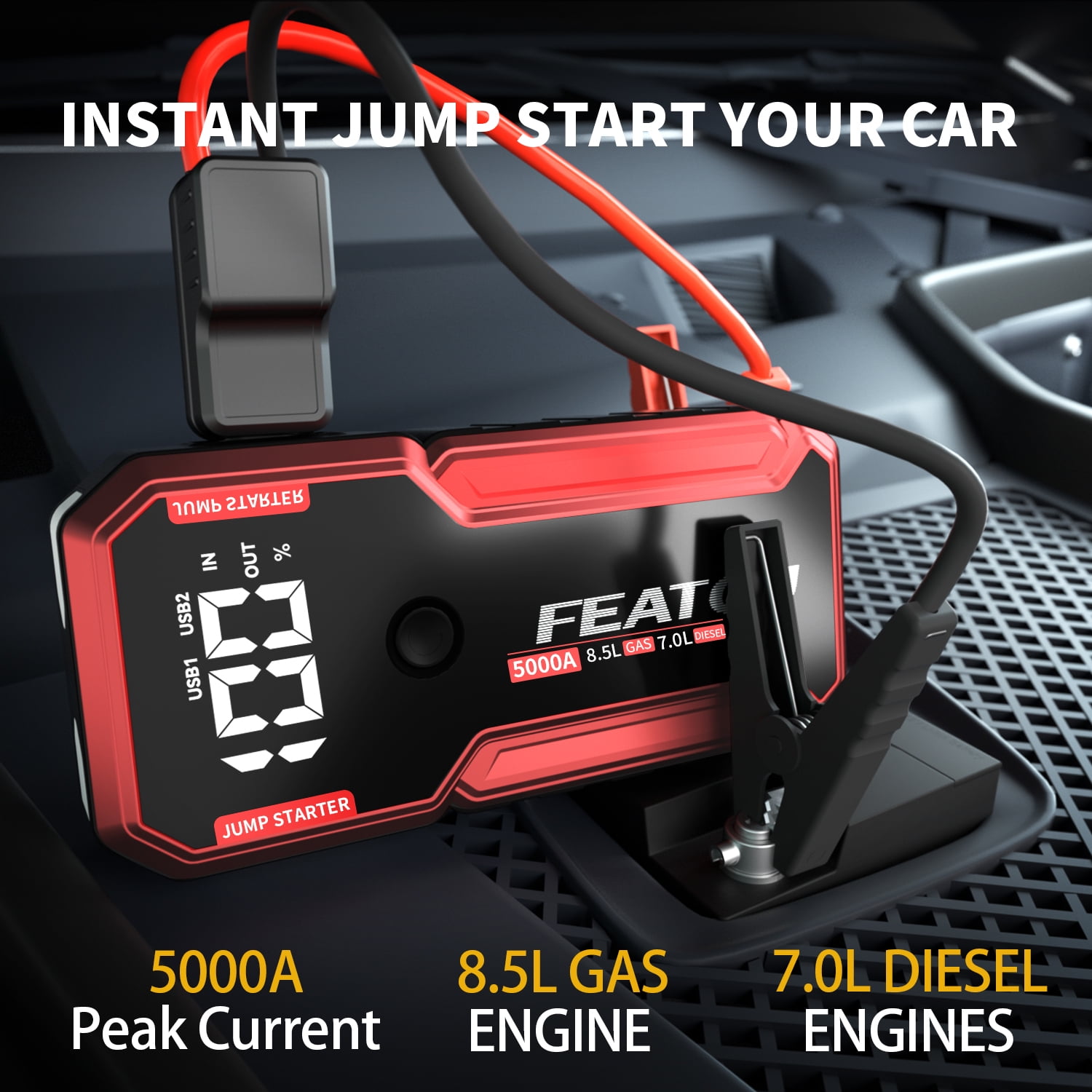 FEATOU Car Jump Starter,6500A Peak 12V Battery Jump Starter Pack for All Gas and up to 7.0L Diesel Engine,Portable Battery Booster Box with USB Quick Charge and Type C Supersafe