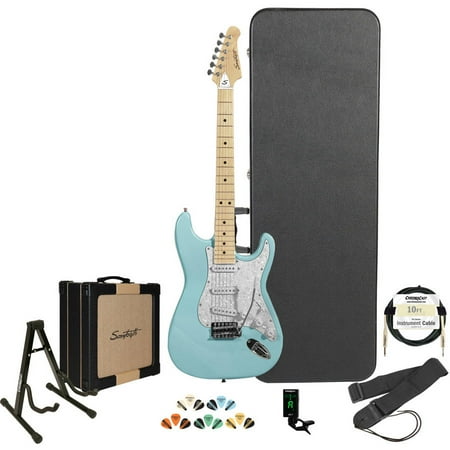 Sawtooth ES Series Electric Guitar with 25W Sawtooth Amp and ChromaCast Accessories, Daphne Blue with Pearl White Pickguard (Box 2 of 2)