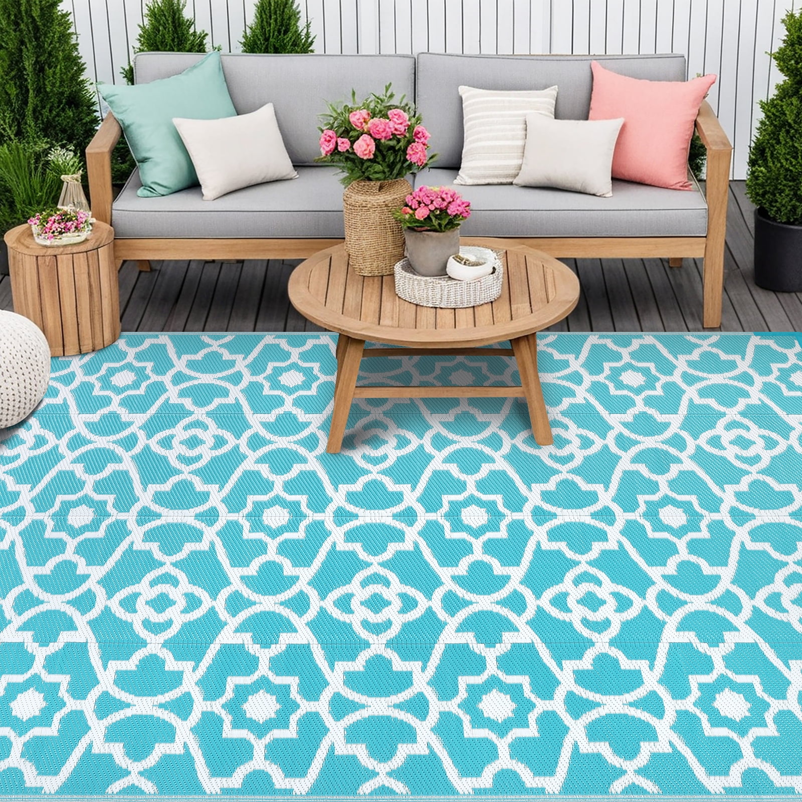 MeyJey 6'x9' Outdoor Rug, Patio Rug Waterproof RV Outdoor Rug Camping Rugs Reversible Plastic Mat for Camping, Balcony Apartment, Patio, Porch, Picnic, Beach, Teal
