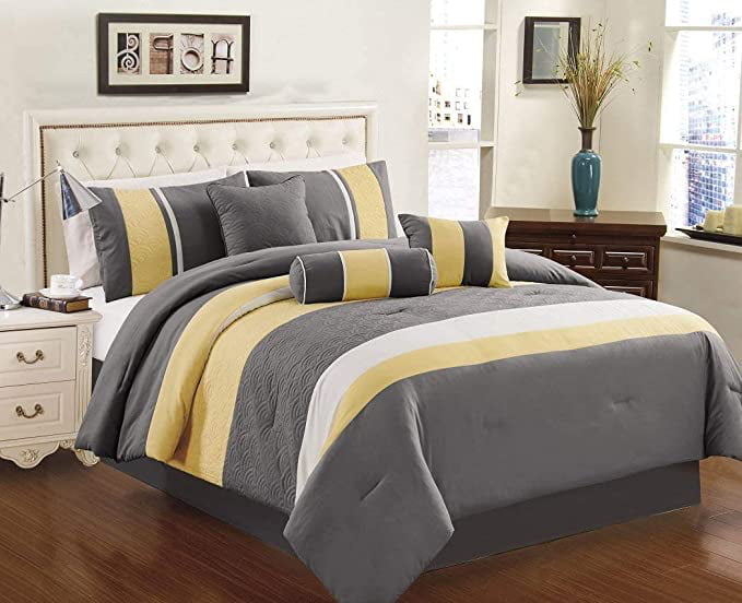 Yellow Grey White Comforter Set Chezmoi Collection Sunvale  7-piece Bedding Set 