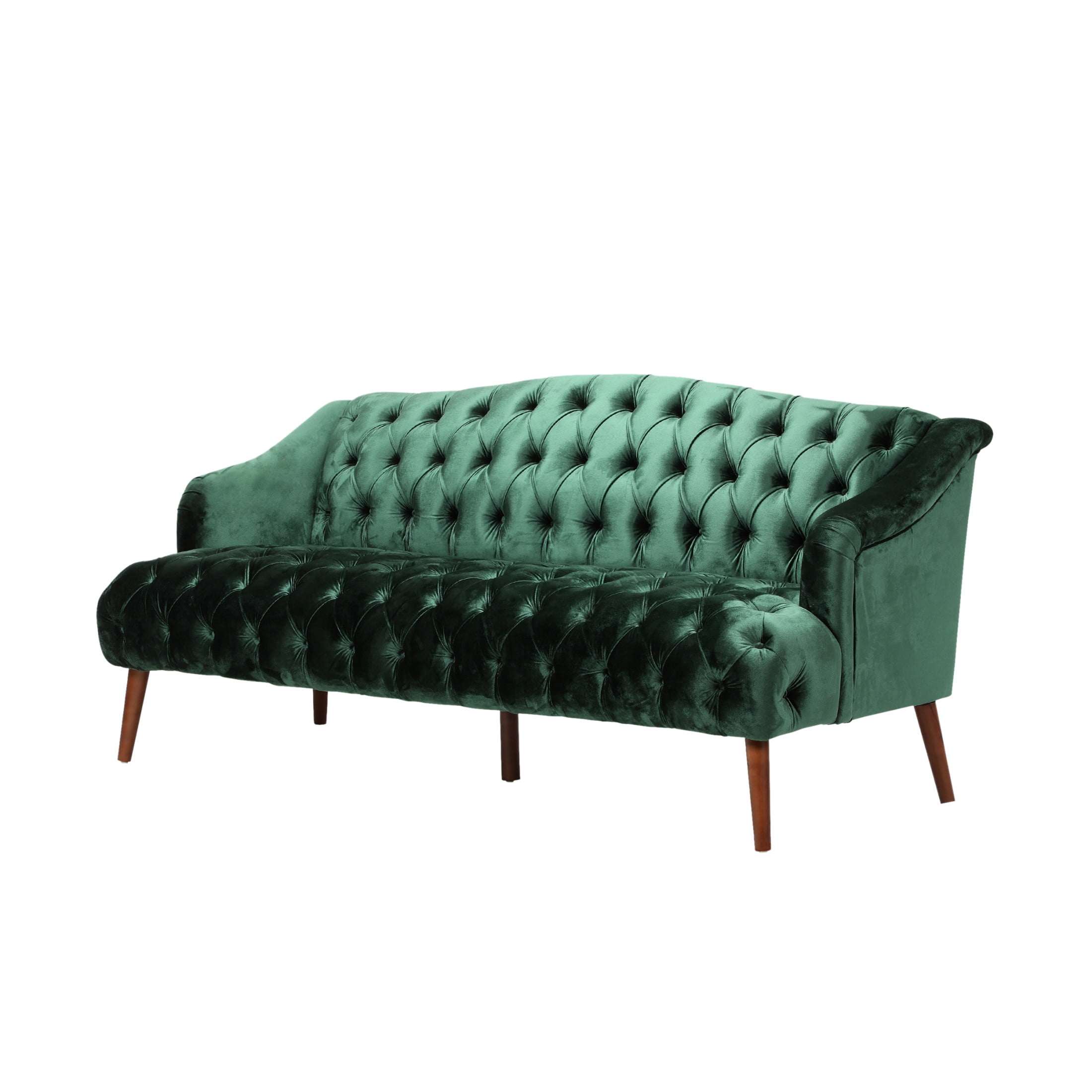 Christopher Knight Home 3-Seat Velvet Tufted Sofa, Contemporary Couch with Wooden Legs, Emerald