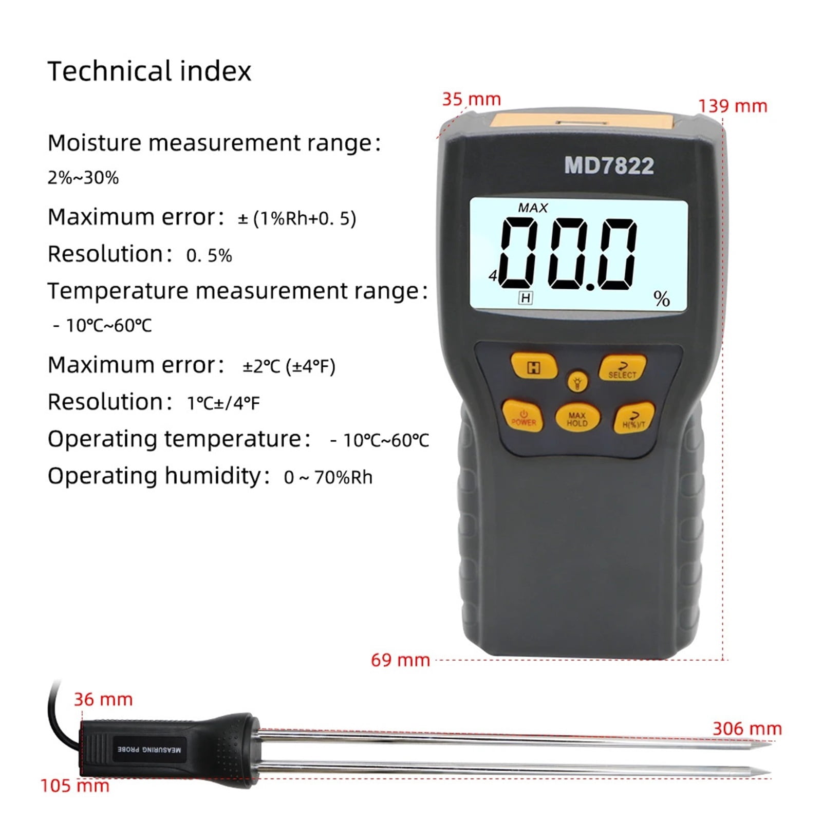 MD7822 Digital Grain Moisture Meter Highly Sensitive Probe Humidity Tester Usb Charging Hygrometer Temperature Detector Wheat Corn Rice